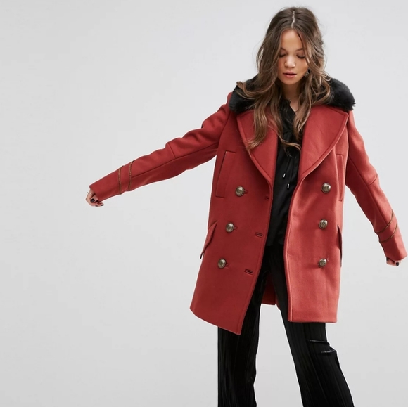 Free People Sedgwick Red Wool Peacoat Military Coat Double Breasted OB514559 - Picture 5 of 10